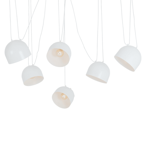 Lampada da soffitto moderna bianca con paralumi a forma di coppa, cavi esposti in stile industriale, ideale per interni contemporanei