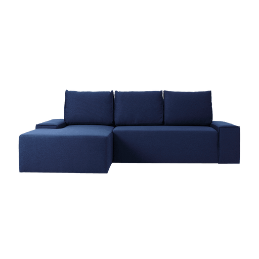 Divano angolare sinistro Flopp Inkjet in tessuto blu scuro, con schienali imbottiti e braccioli ampi, ideale per soggiorno moderno, SKU: SF037FLOPP-L-ET80