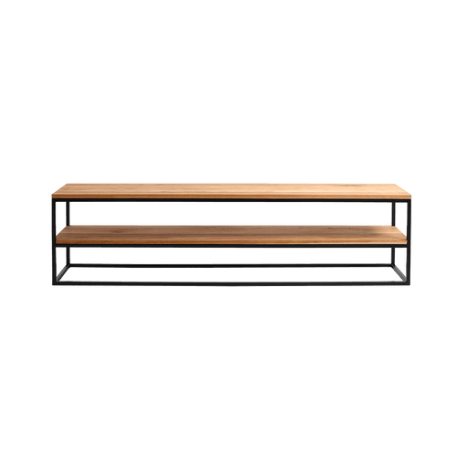 Consolle in legno massiccio di quercia con struttura in metallo nero, design elegante e robusto, ideale per soggiorno o ingresso