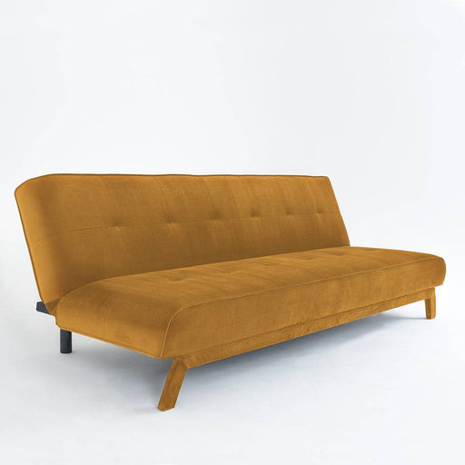 Vista frontale del divano letto in velluto senape con schienale alto, stile minimalista, perfetto per arredamento contemporaneo, SKU: SF035MODL-RV41