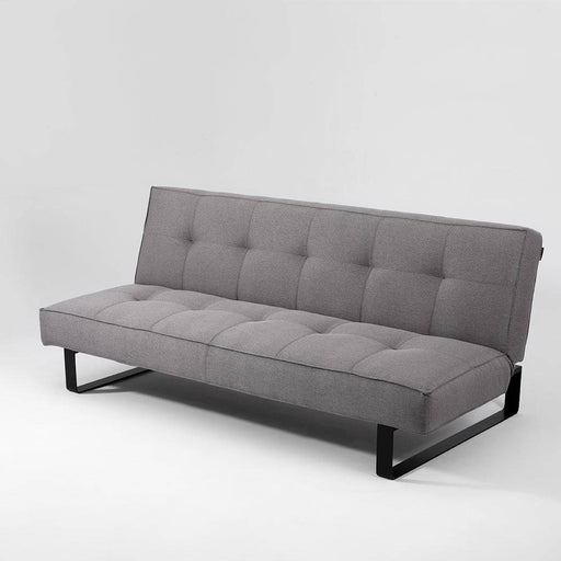 Divano letto 2 posti in tessuto grigio chiaro con struttura in acciaio nero, stile minimalista e funzionale, perfetto per soggiorni.