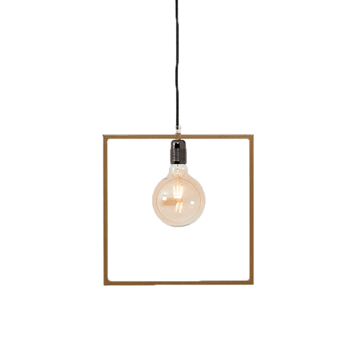 Lampada da soffitto geometrica oro con struttura quadrata in metallo, lampadina visibile, design moderno e configurabile, SKU: LP001QUA-19
