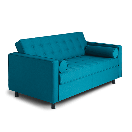 Divano 2 posti in stile Chesterfield nero, rivestimento in tessuto blu, design elegante e moderno, dimensioni compatte, SKU: SF025TOP2-ET85
