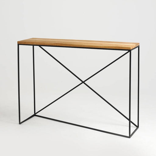 Console con piano in legno di quercia e struttura in metallo nero, stile minimalista e funzionale, perfetta per ambienti moderni