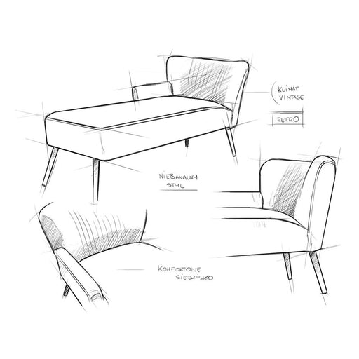Schizzo del design vintage e retro della chaise lounge Harry P, con dettagli di stile anni '60 e stile non banale.
