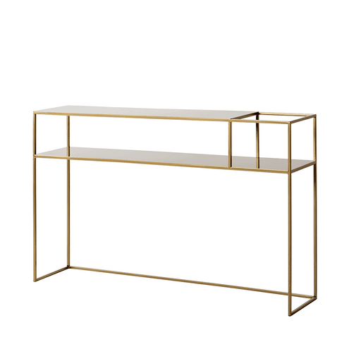 Console elegante con struttura in metallo dorato e superficie in vetro bianco, ideale per arredi industriali e decorazioni di stile.