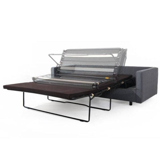 Divano letto con struttura in tessuto grigio, meccanismo di apertura a letto con rete e materasso, funzionale e versatile.