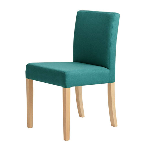Sedia moderna con rivestimento in tessuto verde smeraldo, struttura in legno chiaro, design elegante e confortevole, ideale per sala da pranzo.