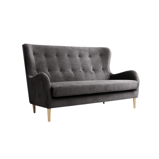 Divano 3 posti COZYBOY in velluto grigio scuro con schienale alto, bottoni decorativi, gambe in legno chiaro, stile elegante e moderno