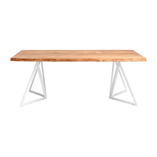 Tavolo da pranzo in quercia bianca con piano in legno massiccio e gambe in metallo bianco, stile moderno, dimensioni 180x90 cm.
