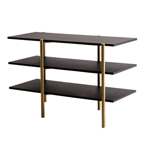 Consolle moderna con piano nero e struttura in metallo dorato, tre ripiani in legno nero, ideale per soggiorno o ingresso, SKU: TB002RAVKON3F110-7919-1111