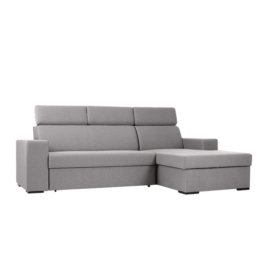 Divano letto angolo Atlantica P in tessuto grigio chiaro, con schienali regolabili, braccioli larghi e struttura robusta, ideale per soggiorno.