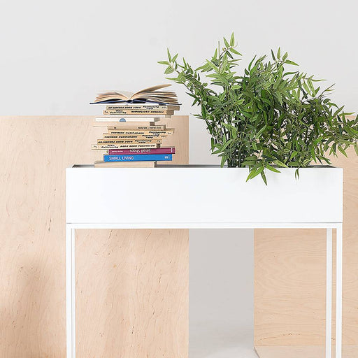 Fioriera bianca FIORINA con piante verdi, posizionata su tavolo in legno chiaro, stile minimalista e moderno per interni