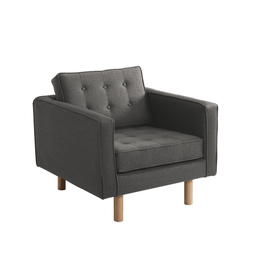 Poltrona in tessuto grigio scuro con schienale imbottito e bottoni, struttura in legno e gambe robuste, ideale per soggiorno moderno.