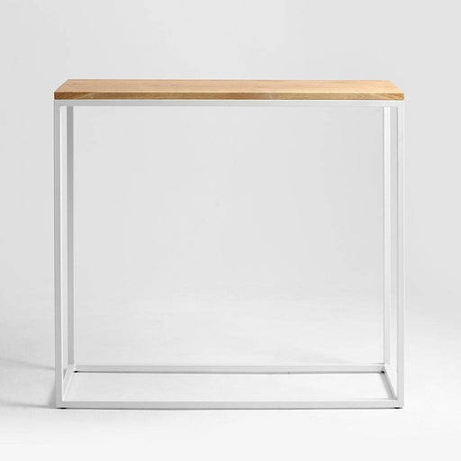 Vista frontale della credenza in legno Rovere e bianco con superficie in Rovere naturale, struttura in metallo bianco, design minimalista