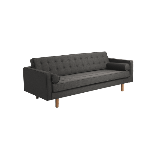 Divano 3 posti in tessuto grigio scuro con schienale imbottito, braccioli con cuscini cilindrici, gambe in legno naturale, stile moderno.