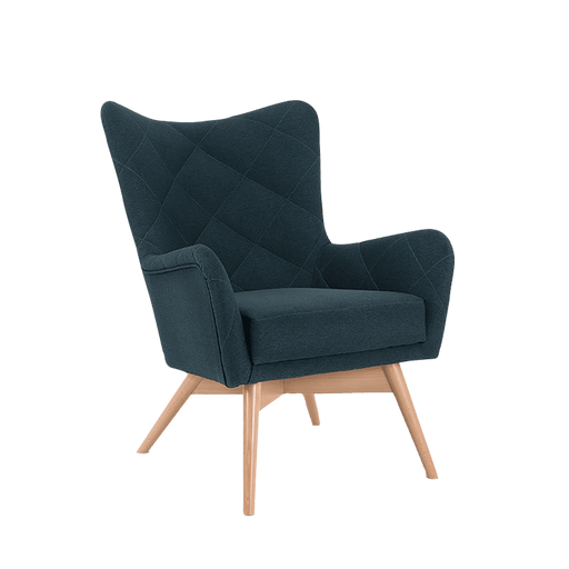 Poltrona moderna in tessuto Deep Sea color blu scuro con struttura in legno massello, design elegante e confortevole, ideale per salotto o ufficio