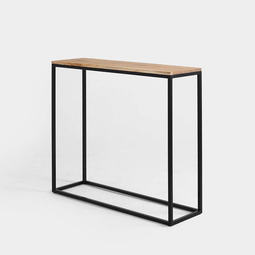 Credenza moderna in rovere nero con struttura in metallo nero, superficie in legno chiaro, stile contemporaneo, perfetta per ambienti domestici