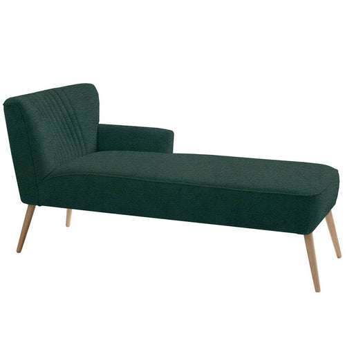 Chaise longue HARRY P in tessuto verde scuro con schiena imbottita e braccioli, gambe in legno chiaro, stile anni '60, design scandinavo.