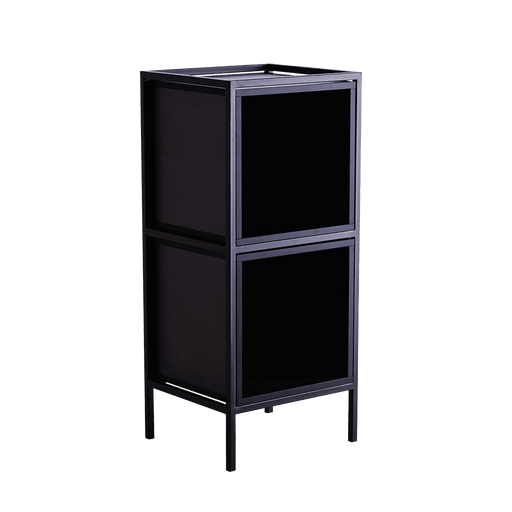 Mobile contenitore nero in metallo con due scomparti a ripiano e box, design moderno e resistente, ideale per arredi funzionali in ambienti contemporanei - SKU: TD010SKAPBL1R2-2B-9005