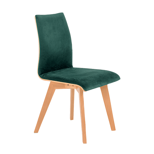 Sedia design Roen verde bottiglia con struttura in legno chiaro, rivestimento in velluto verde, stile moderno e funzionale