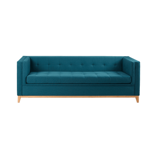 Divano letto 3 posti in tessuto blu con struttura in legno chiaro, design elegante e moderno, ideale per soggiorno o zona relax.
