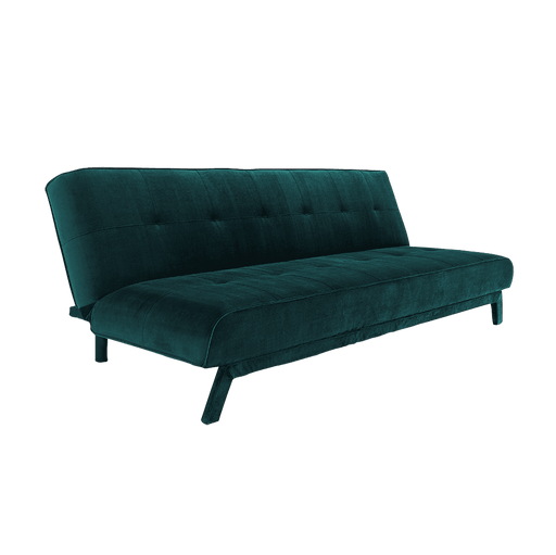Divano letto a 3 posti in velluto verde scuro, con schienale leggermente curvato e gambe in legno nero, ideale per soggiorno moderno.