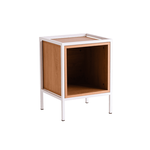 Comodino bianco con struttura in metallo e pannelli in legno naturale, design moderno e funzionale, ideale per ambienti contemporanei.