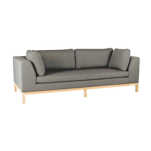 Divano 3 posti moderno retrò in tessuto grigio con struttura in legno chiaro, cuscini coordinati, ideale per soggiorno elegante e confortevole