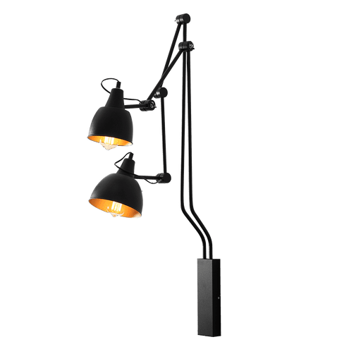 Lampada da parete Coben nera con stile minimalista e industriale, struttura in metallo nero con due bracci regolabili e diffusori con interno arancione