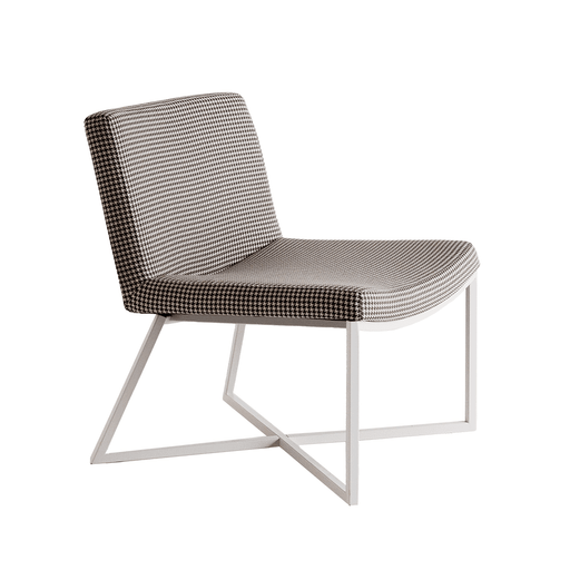 Poltrona design elegante con rivestimento pied de poule chiaro, struttura in metallo bianco, ideale per soggiorno o ufficio