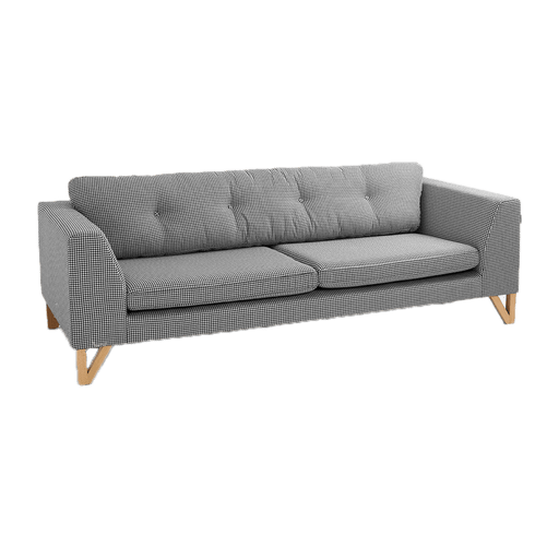 Divano 3 posti con rivestimento in tessuto a scacchi neri e bianchi, gambe in legno naturale, ideale per salotto moderno e funzionale