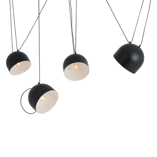Lampada soffitto industriale nera con paralumi sferici in metallo nero e interno bianco, design moderno e funzionale per interni