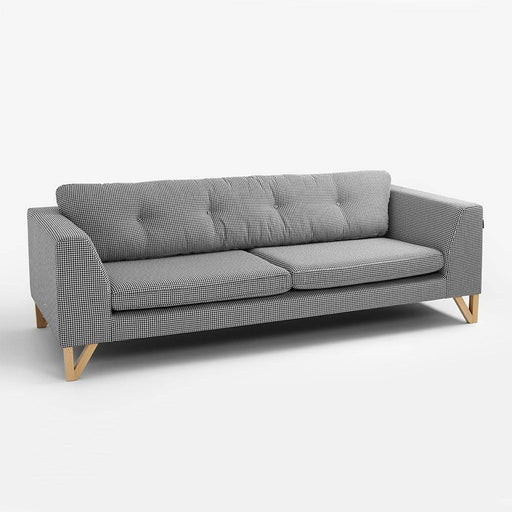 Divano in tessuto a scacchi neri e bianchi con gambe in legno chiaro, arredamento minimalista e confortevole per soggiorno elegante