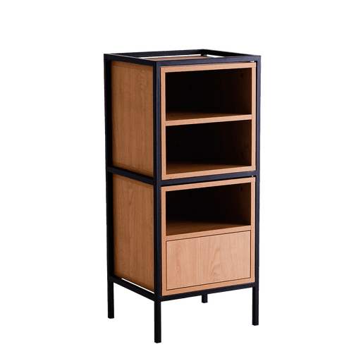 Mobile a scaffale nero con ante in legno chiaro, struttura in metallo nero, design moderno e versatile per interni, SKU: TD010SKAP1R2-MIX-9005