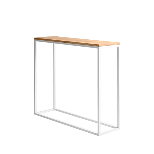 Credenza moderna con piano in rovere naturale e struttura in metallo bianco, ideale come console in ambienti contemporanei