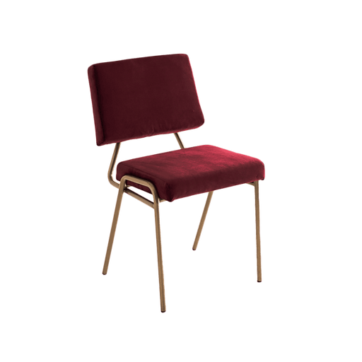 Sedia design semplice oro fico con struttura in metallo dorato, rivestimento in velluto bordeaux, stile moderno e elegante.