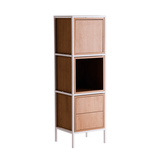 Libreria modulare bianca con ante in legno di quercia chiara e pannelli in legno scuro, struttura in metallo bianco, ideale per arredo moderno