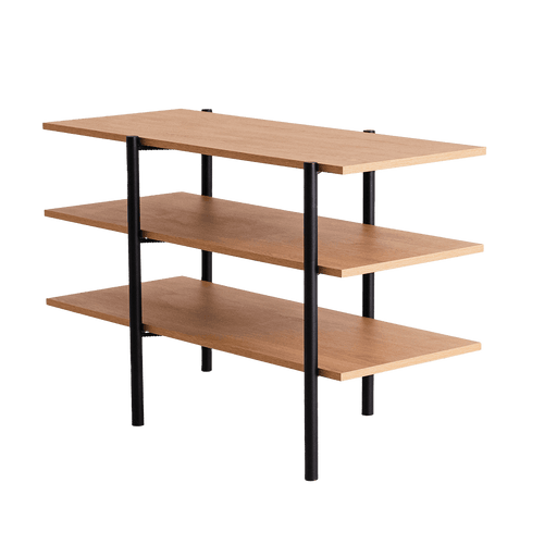 Consolle in rovere con struttura in metallo nero, tre piani orizzontali, design moderno e funzionale, ideale per soggiorno o ingresso.