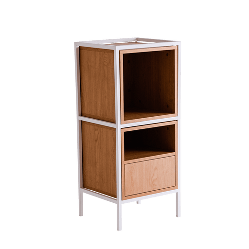 Scaffale modulare SKAP 1R2 in legno naturale e struttura bianca, mobile versatile per interni moderni, con scomparti aperti e cassetti, SKU: TD010SKAP1R2-MIX-9003