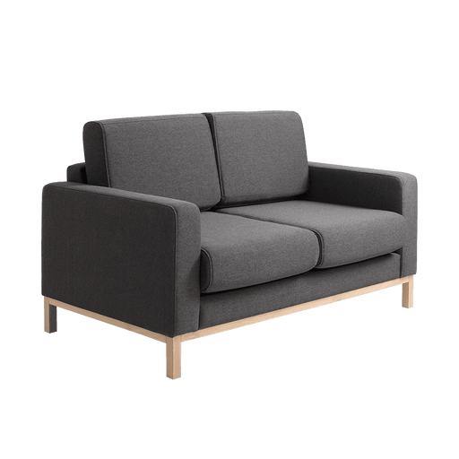 Divano 2 posti moderno SCANDIC in tessuto grigio scuro con struttura in legno naturale, linee eleganti e comodo per soggiorno.