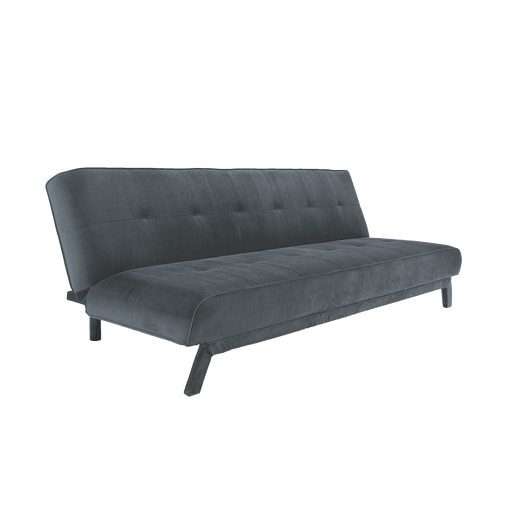 Divano letto moderno in tessuto grigio scuro con schienale leggermente inclinato e gambe in legno nero, ideale per soggiorno elegante.