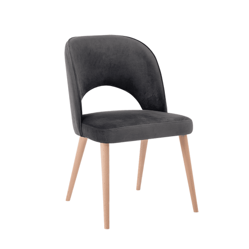 Sedia BUKO grigia con rivestimento in velluto nero, struttura in legno chiaro, design elegante e versatile per sala da pranzo o ufficio