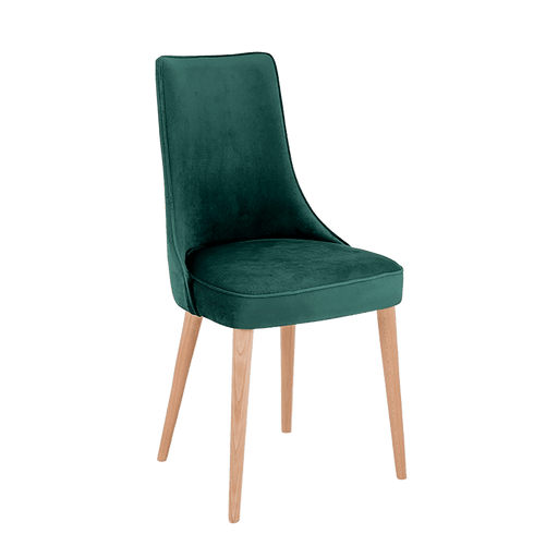 Sedia design KIKO verde bottiglia con rivestimento in velluto verde scuro, struttura in legno chiaro, ideale per ambienti eleganti e moderni