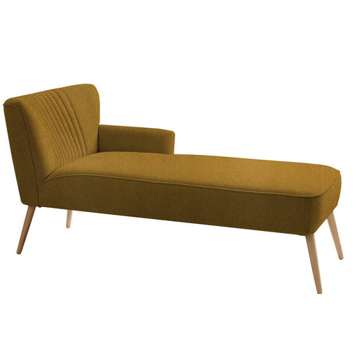 Lunghezza chaise longue HARRY P in tessuto marrone naturale, con schiena imbottita e gambe in legno chiaro, ideale per relax e stile.