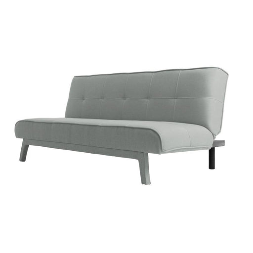 Divano letto 2 posti moderno in tessuto grigio chiaro, con schiena alta e gambe in legno, ideale per soggiorno e ospiti