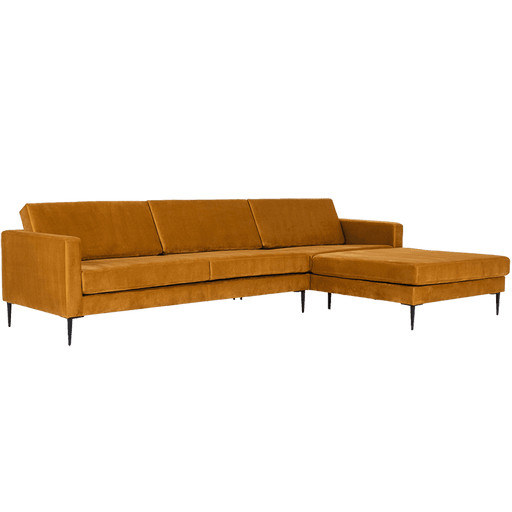 Divano ad angolo VERGAN P in velluto color passion fruit, struttura nera, stile moderno, ideale per soggiorno di design, SKU: SF042VERGNAR-P-RV41