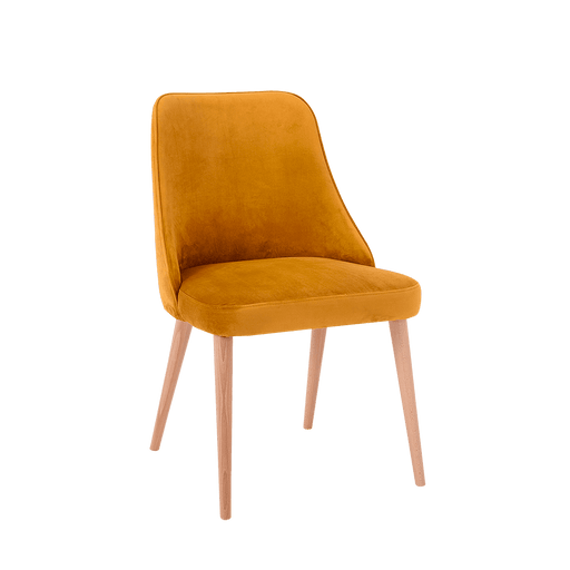 Poltrona moderna in velluto senape con gambe in legno chiaro, design elegante e confortevole, perfetta per soggiorno o sala da pranzo