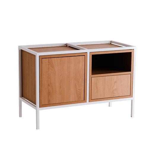 Credenza moderna con struttura in metallo bianco e ante in legno chiaro, ideale per interni contemporanei, SKU: TD010SKAP2R1-MIX-9003