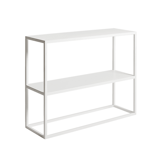 Consolle bianca in metallo con doppio ripiano, design elegante e funzionale, ideale per soggiorno o ingresso, SKU: TD003JUL-75-2F-9003